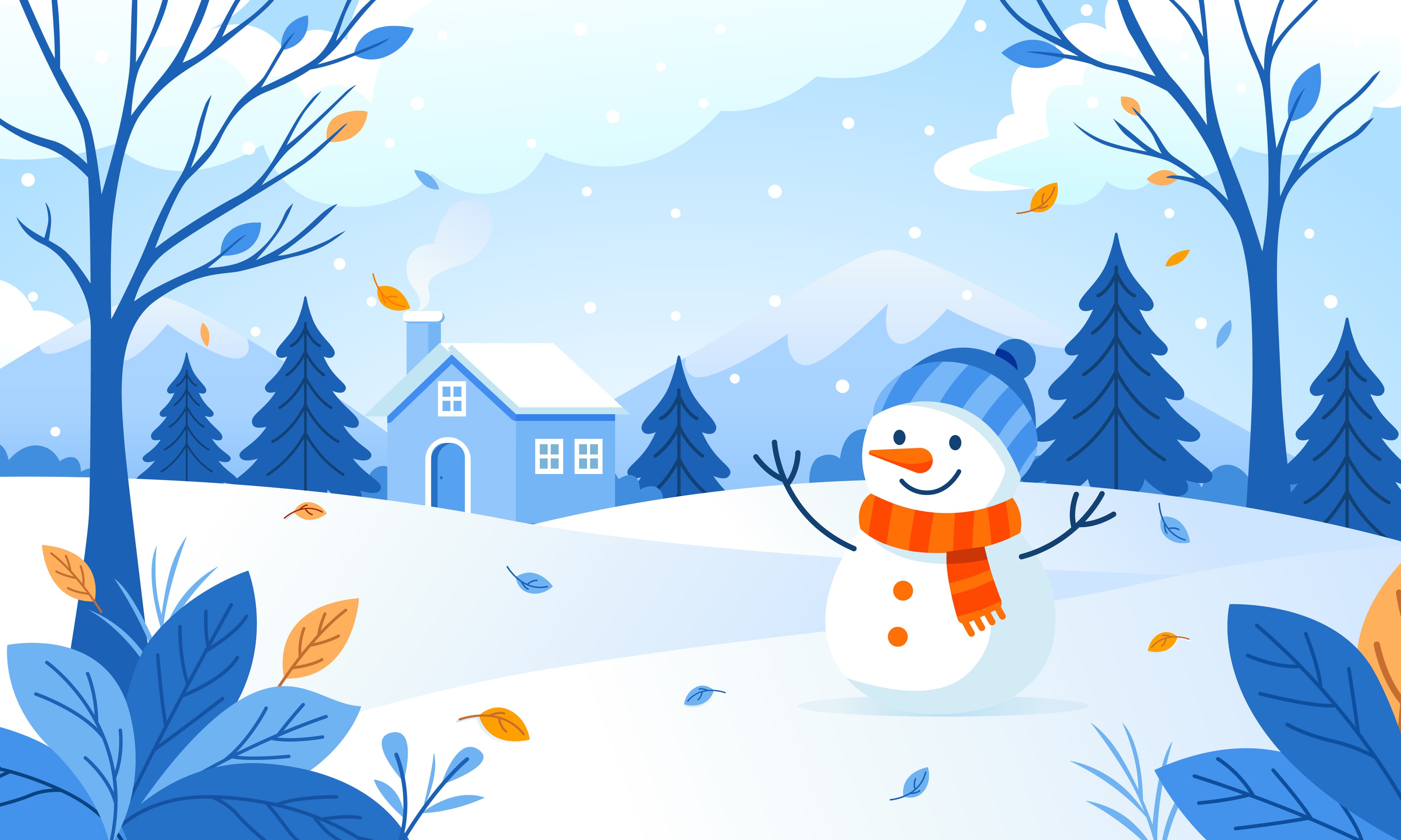 Smiling Snowman in Winter Forest