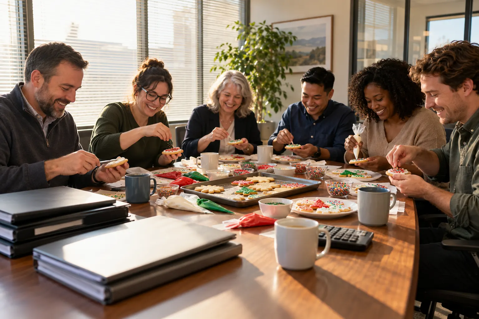 Accounting firm colleagues decorate cookies together at a conference table with binders and laptops pushed aside