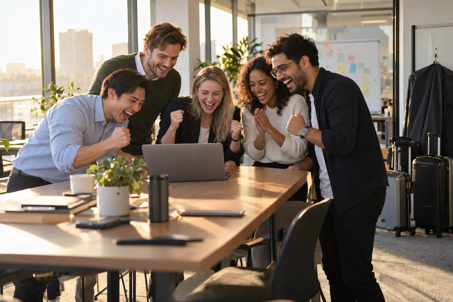 Young consultants back in the office on a Friday cheer around a laptop during an online team game, with travel suitcases parked by the wall