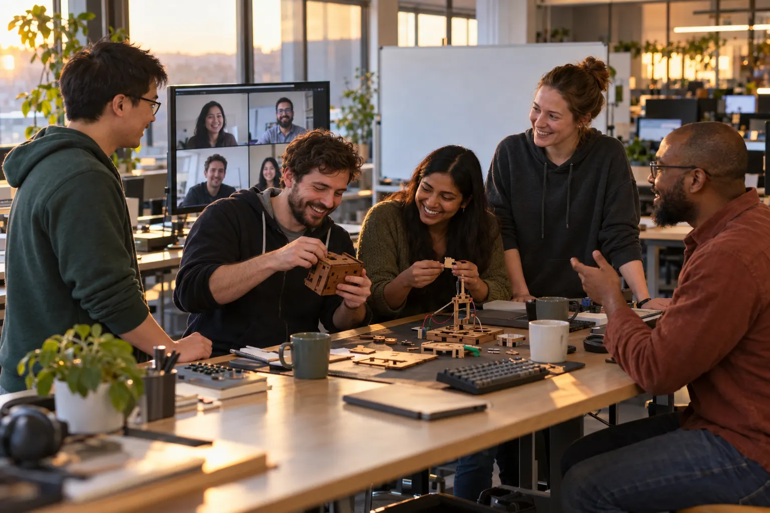 Software engineers laughing over a wooden puzzle box and a small build kit at a shared desk while remote teammates join on a video call