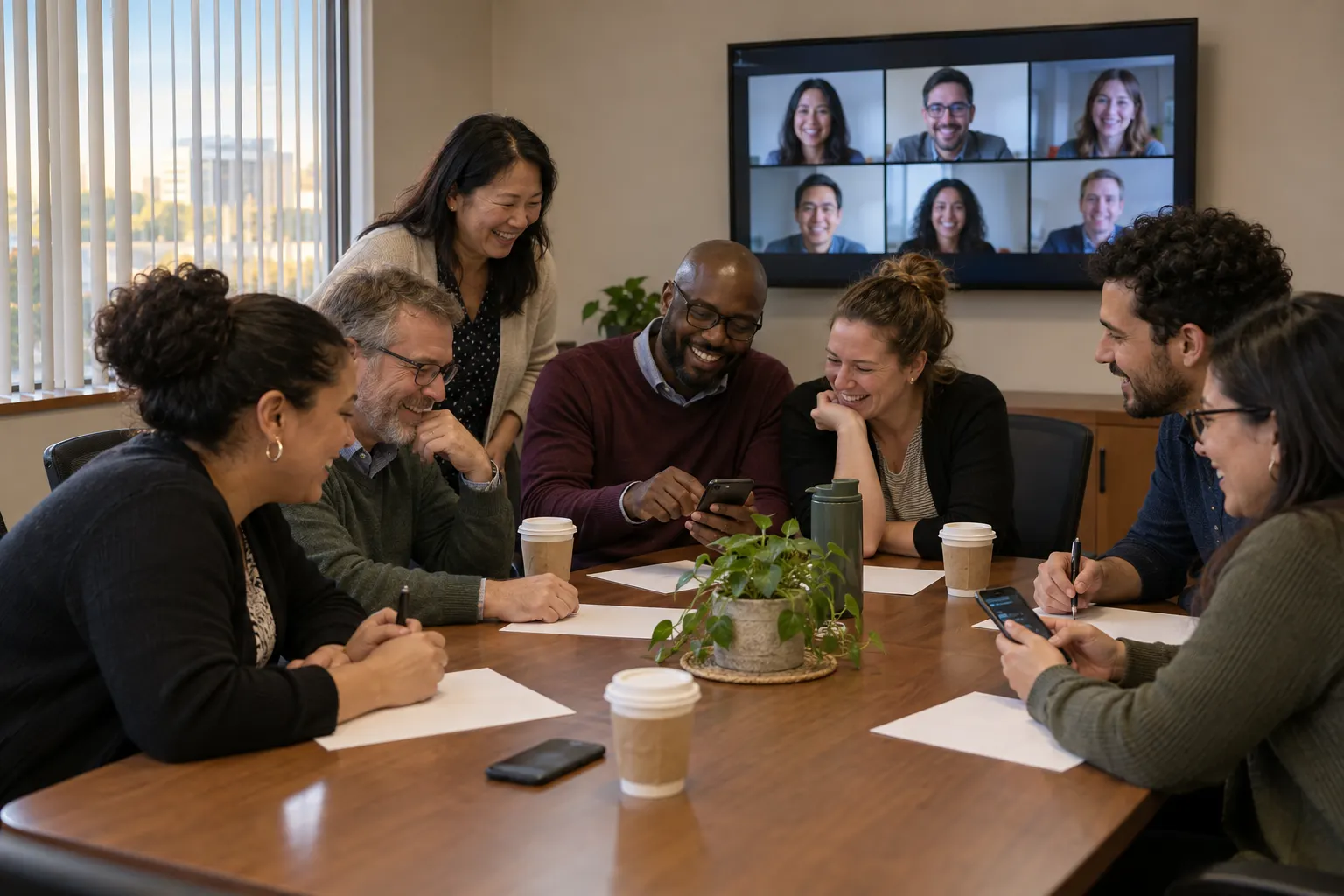 Government office staff laughing over a team trivia game in a conference room while remote colleagues join on a wall screen
