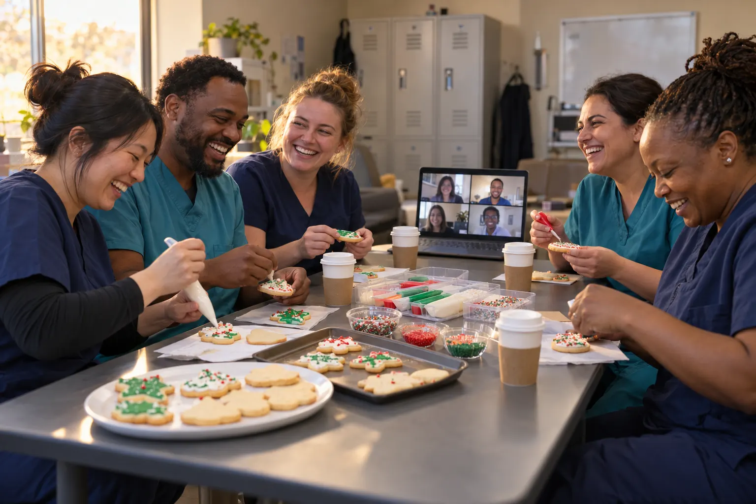 Nurses in scrubs decorating cookies together around a break room table with a laptop video call open