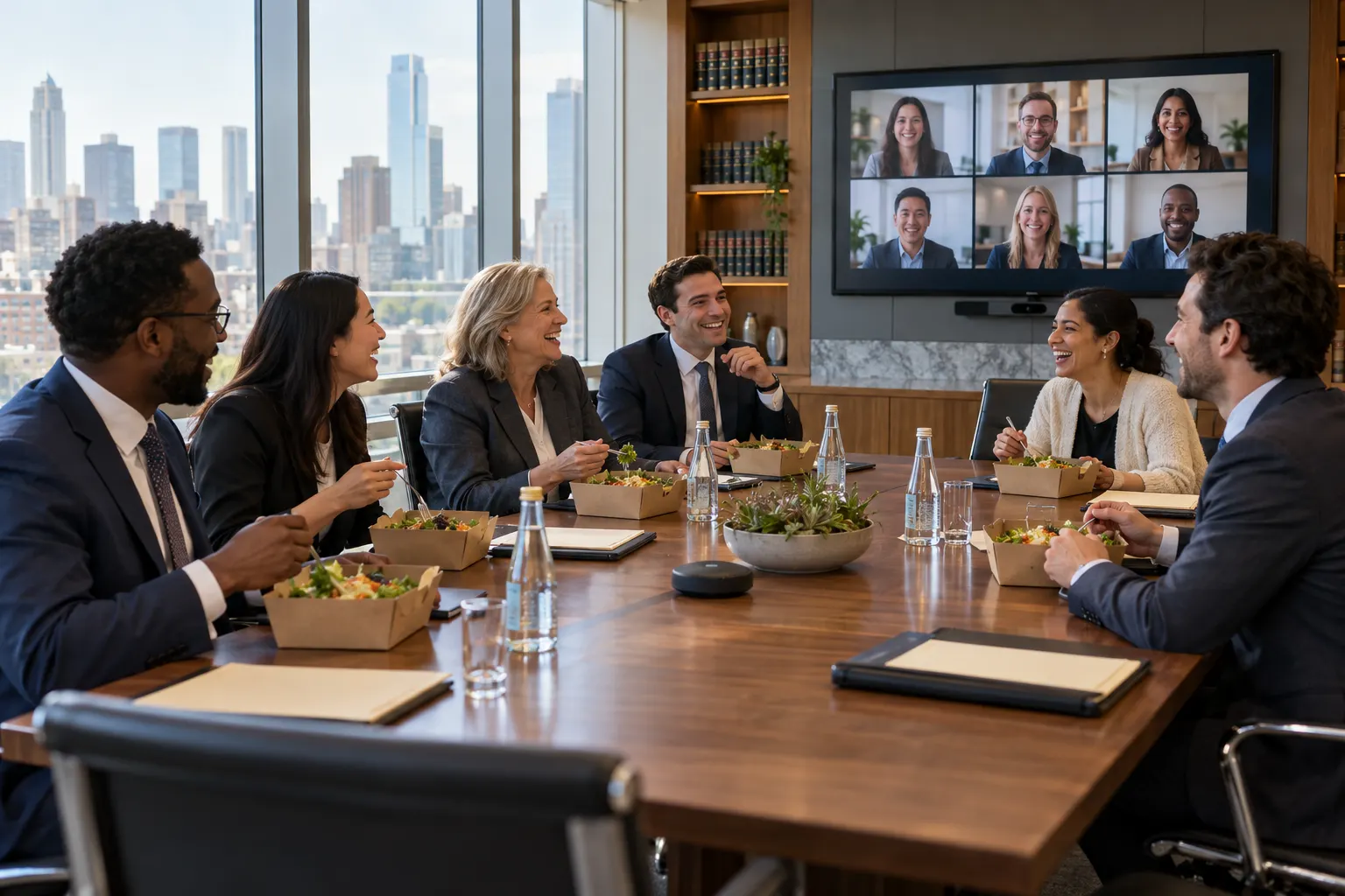 Lawyers and staff laugh around a conference room table at lunch while colleagues from other offices join on a wall screen video call