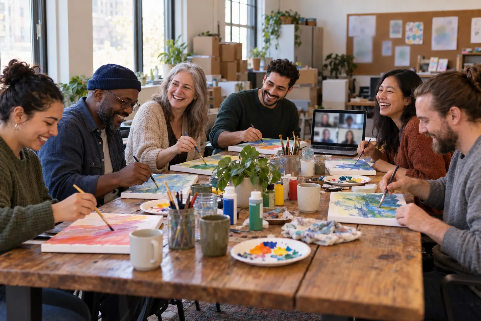 Nonprofit staff and volunteers painting small canvases together at a long table in a community office
