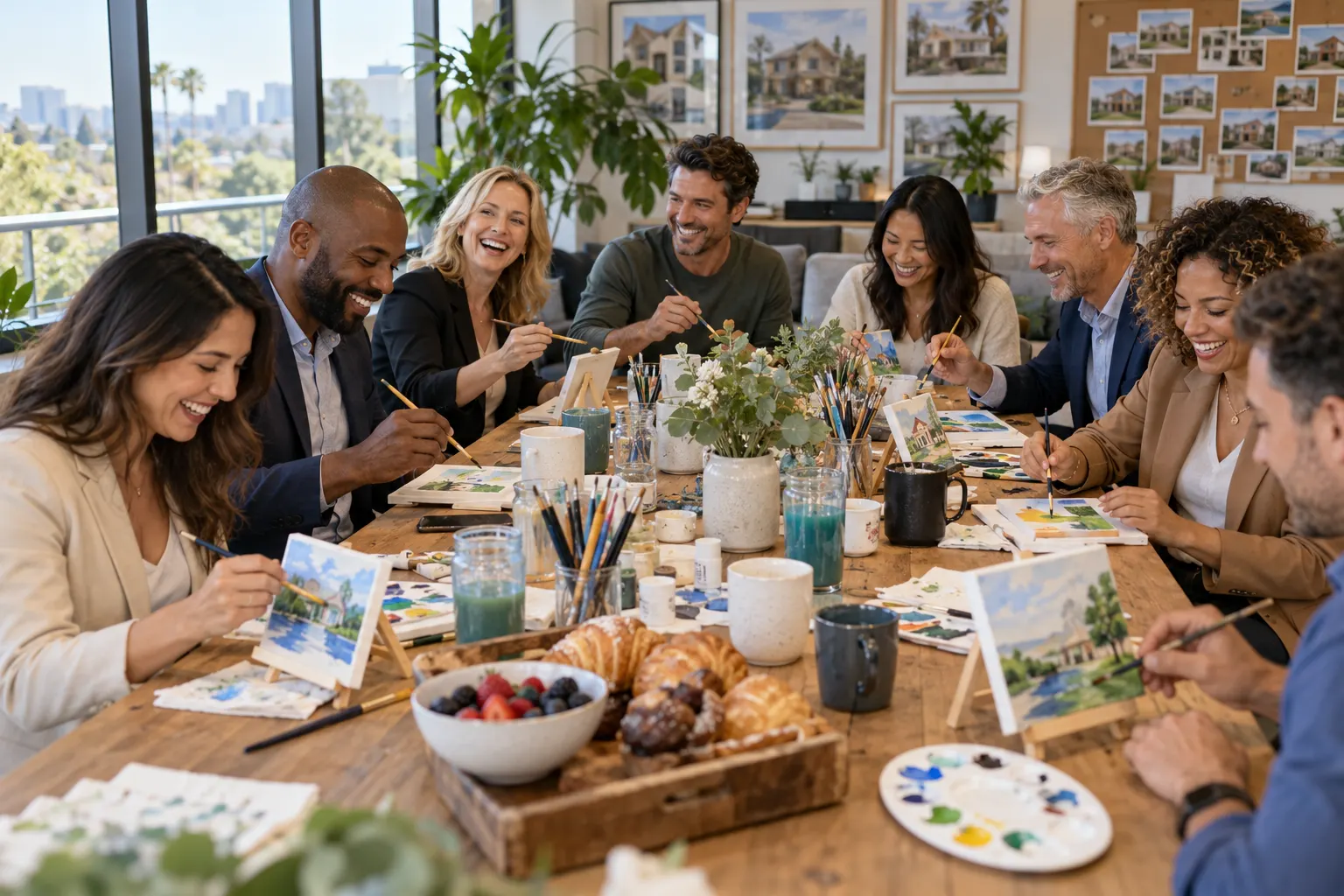 Real estate agents laughing as they paint small canvases around a long table at their brokerage office