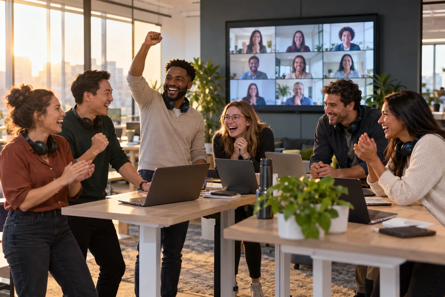 Sales reps on an office sales floor cheering during a hosted team game with remote colleagues on a wall screen