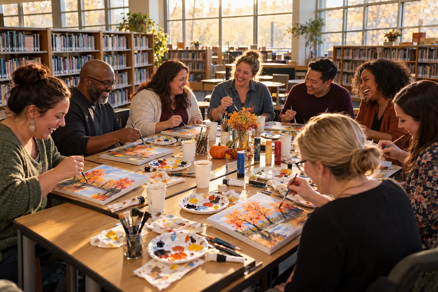 Teachers painting small canvases together around library tables after school