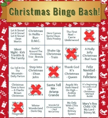 A Christmas Bingo Bash player card with Christmas song squares, some marked with an X