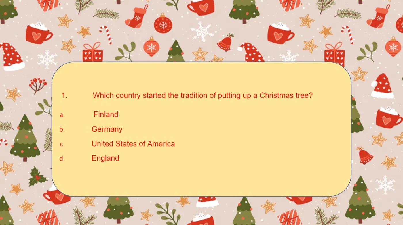Multiple-choice slide: which country started the tradition of putting up a Christmas tree?