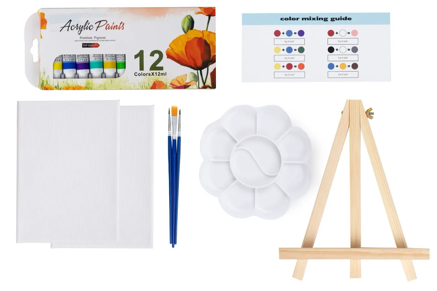 The Painting class kit laid out: a 12-color acrylic paint set, a color mixing guide, two small canvases, three brushes, a flower-shaped palette and a mini wooden easel