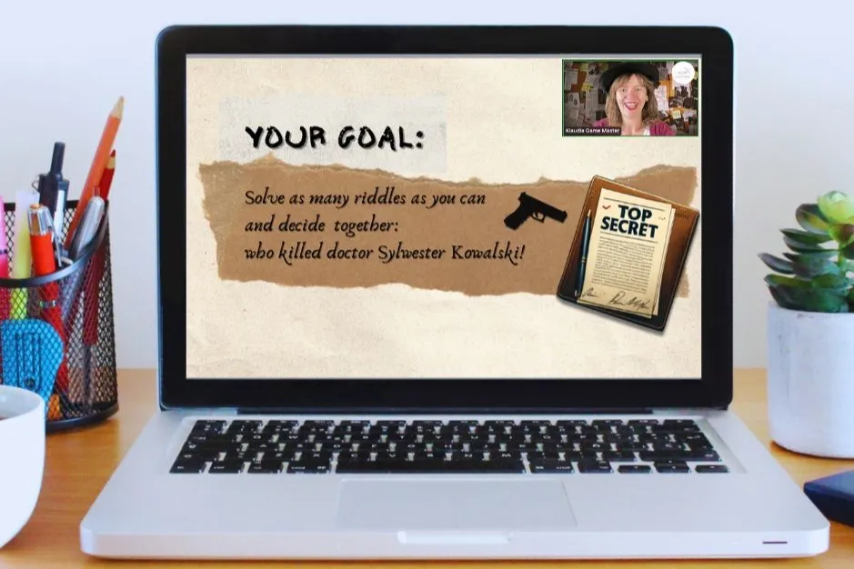 The case goal on a laptop screen: solve as many riddles as you can and decide together who killed doctor Sylwester Kowalski