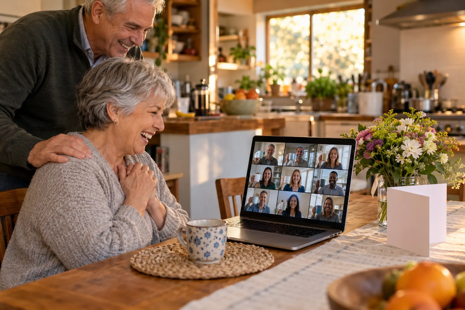 A retiree at her kitchen table laughs as colleagues on a video call raise their mugs to her, her husband behind her and flowers beside the laptop