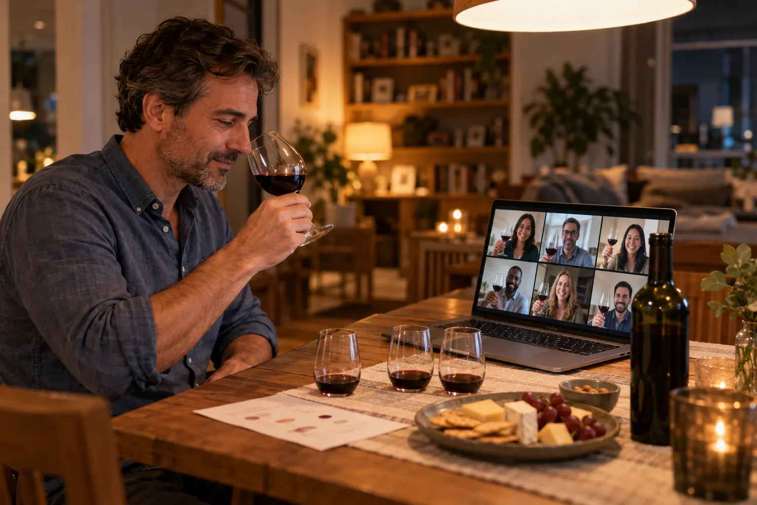 A man smells a glass of red wine at his dining table while coworkers taste along on a laptop video call