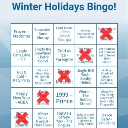 A Winter Holidays Bingo player card with song and artist squares, some marked with an X