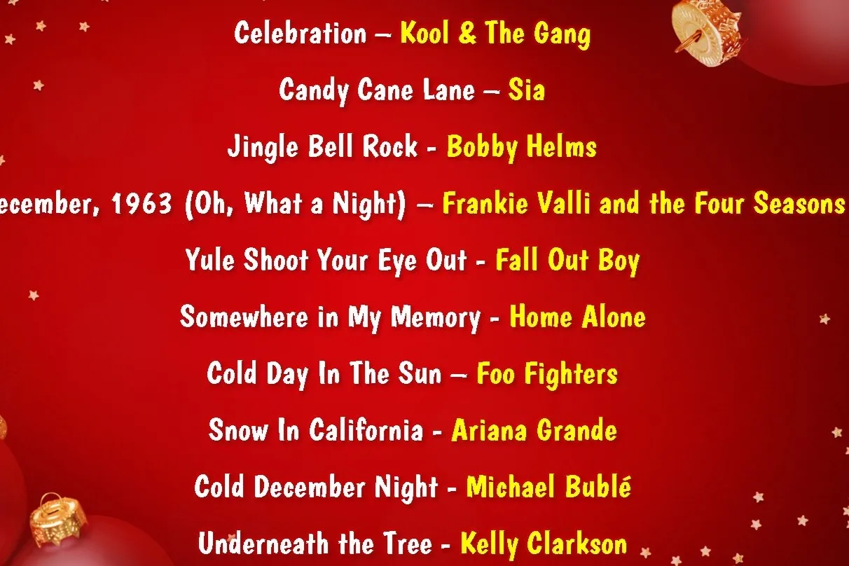 A playlist slide from Winter Music Bingo Party listing songs and artists