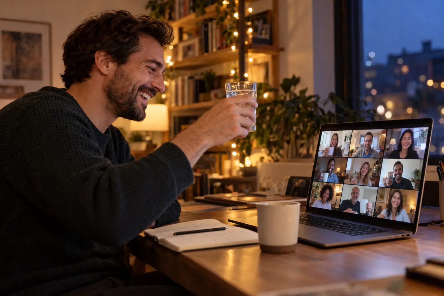 A man at his home desk in the evening raises a glass to a laptop showing a grid of colleagues joining from different time zones