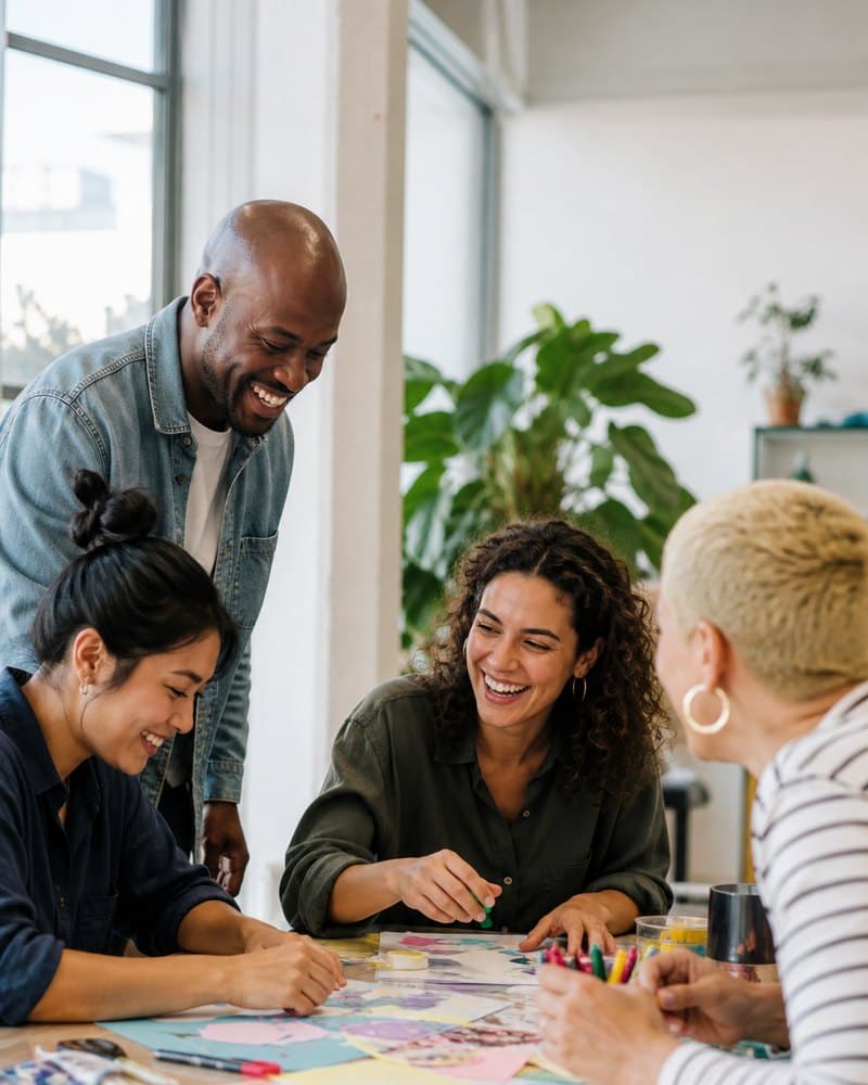 A small group laughing together around a colorful creative project