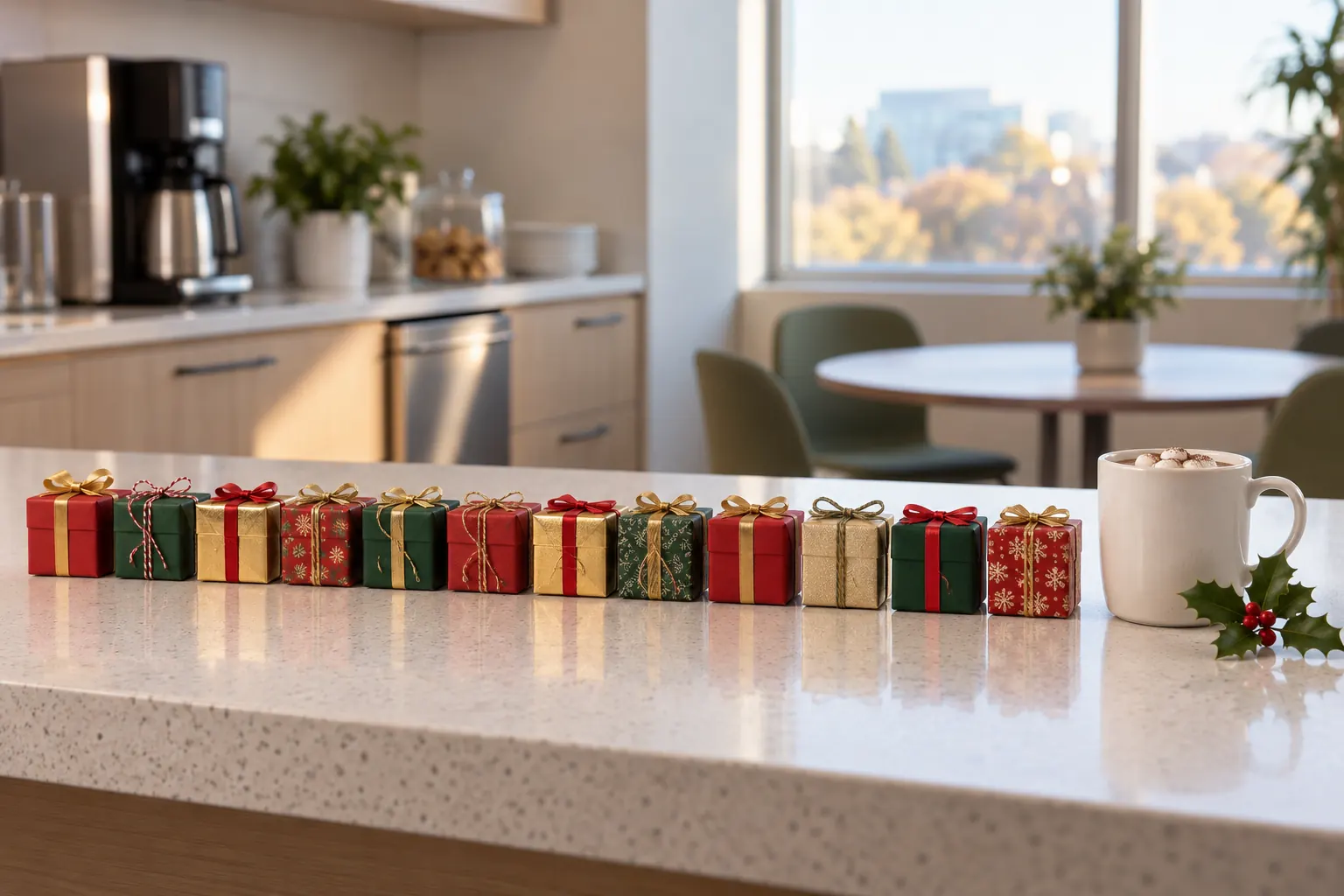Twelve small wrapped gifts in a row on an office kitchen counter beside a mug of hot cocoa.