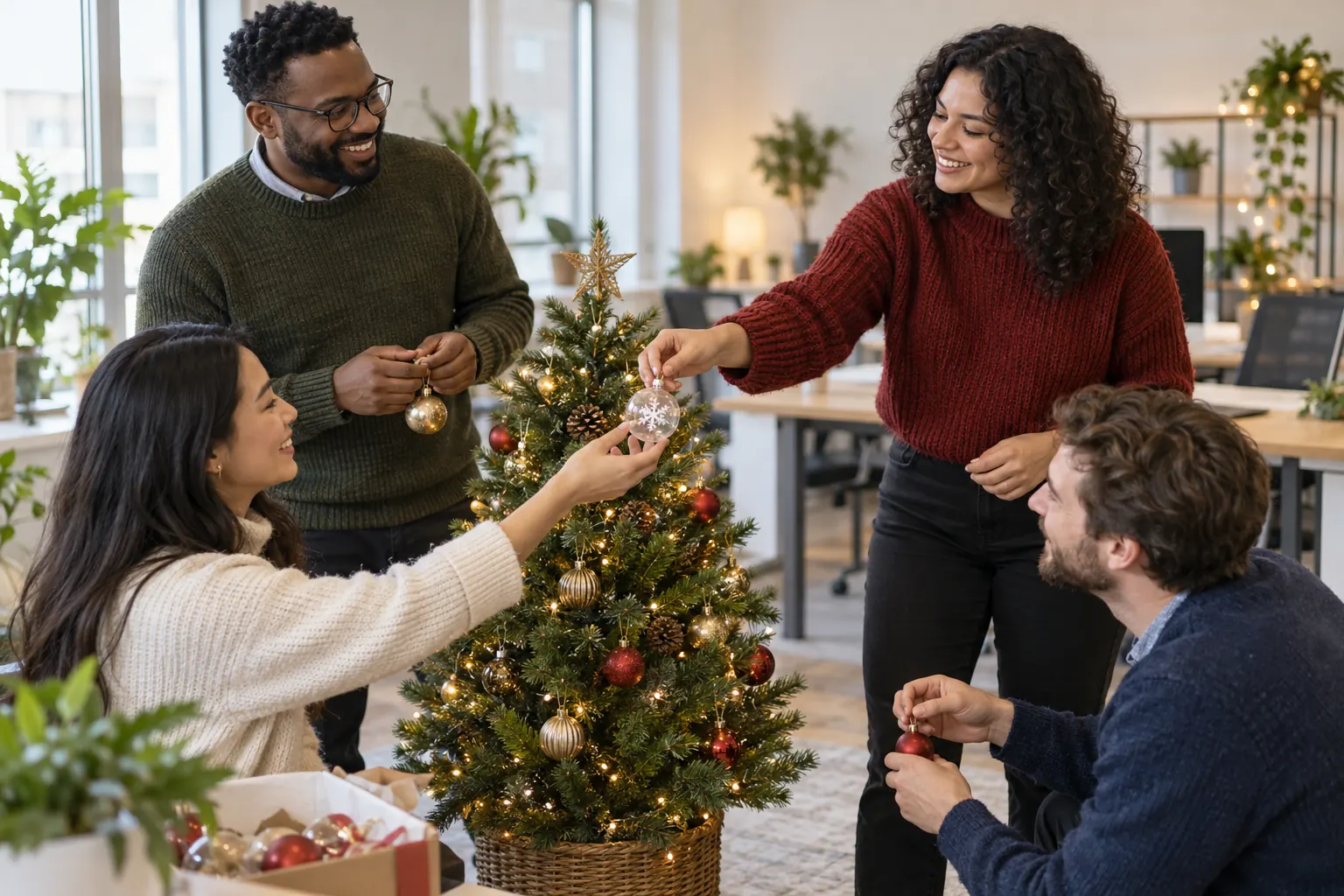 Four coworkers in sweaters hanging ornaments on a small lit Christmas tree in an open office.