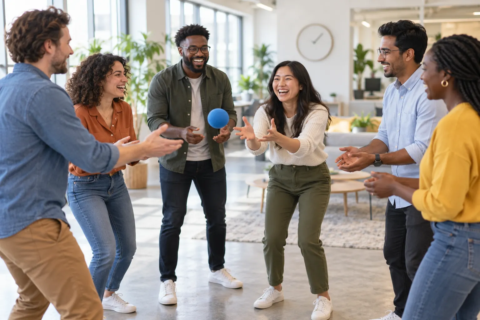 Six coworkers in a bright open office laugh as one tosses a small blue ball across their circle.