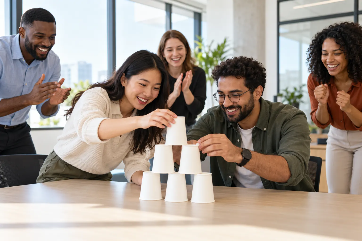 Two coworkers stack paper cups into a pyramid on a meeting table while three teammates cheer.