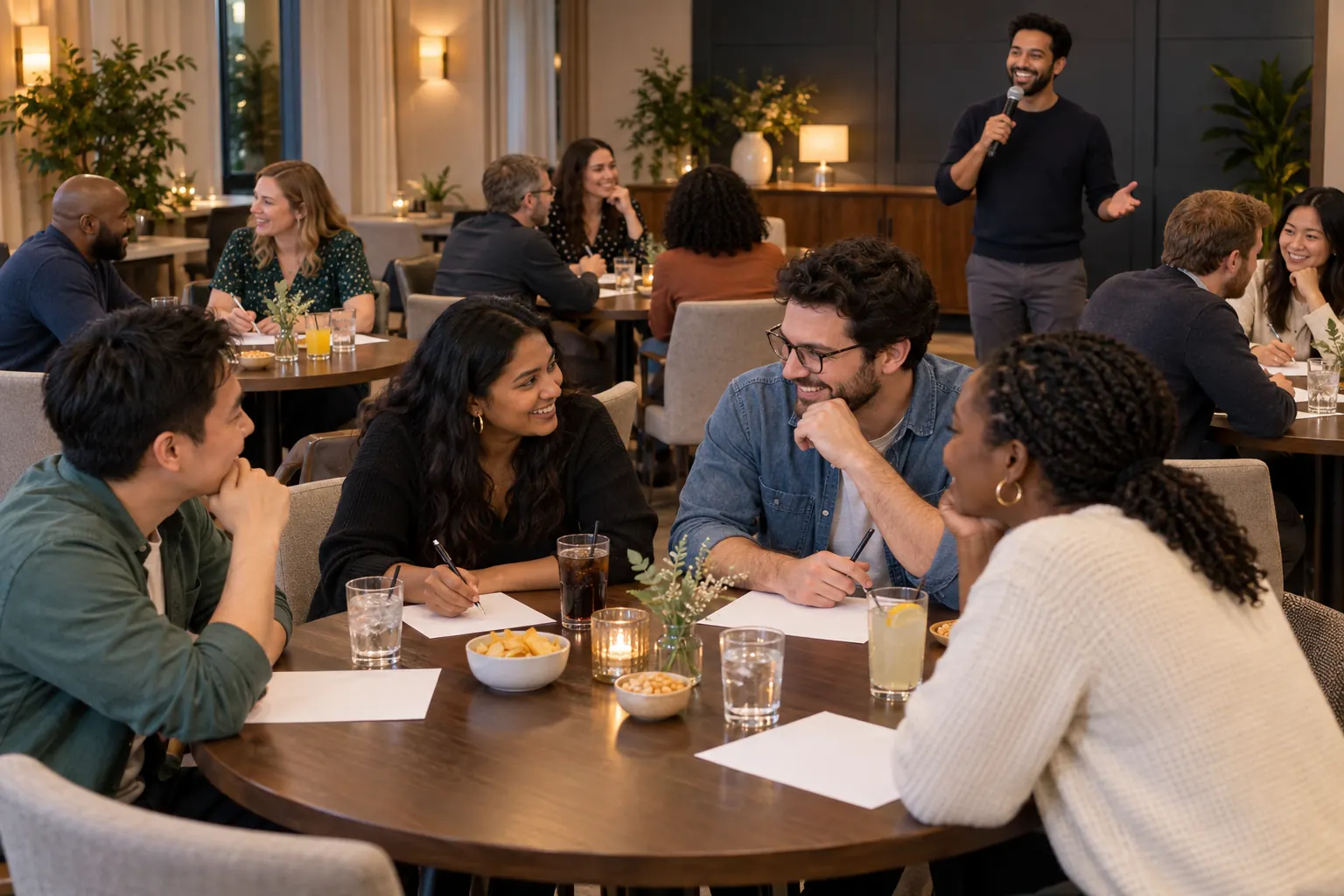 Coworkers talk over answer sheets at a restaurant table while a quiz host with a microphone stands at the front.