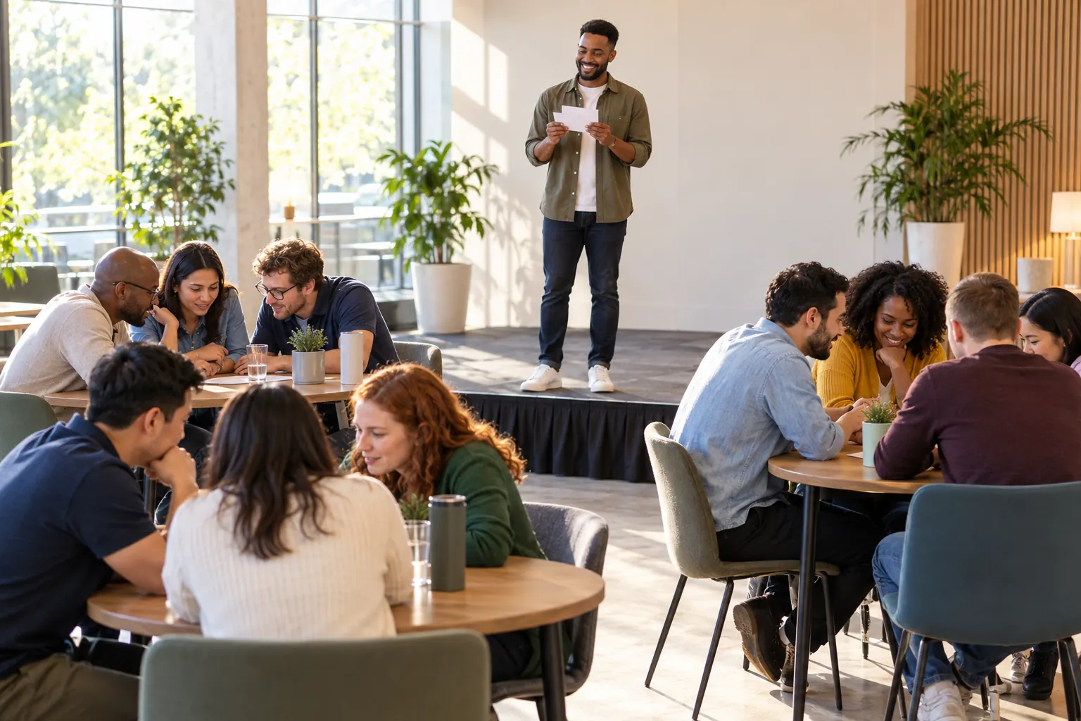 A host reads from cards on a small stage as teams lean in around tables to agree on an answer.