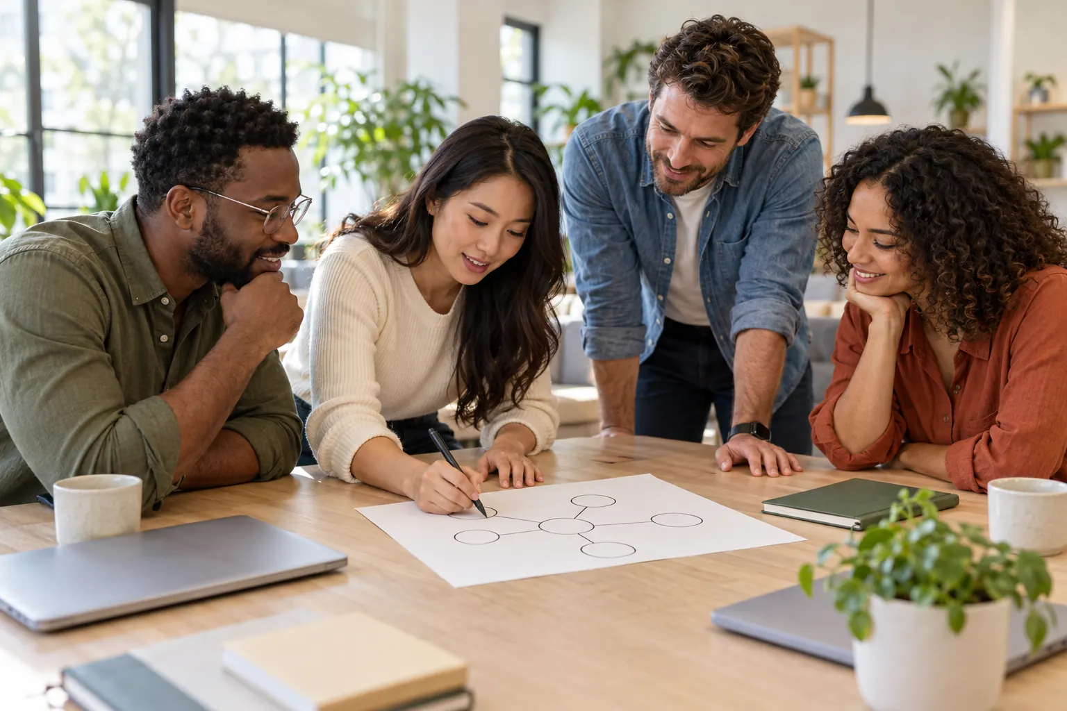 Four coworkers lean over a table as one sketches a simple diagram on paper in a bright office.