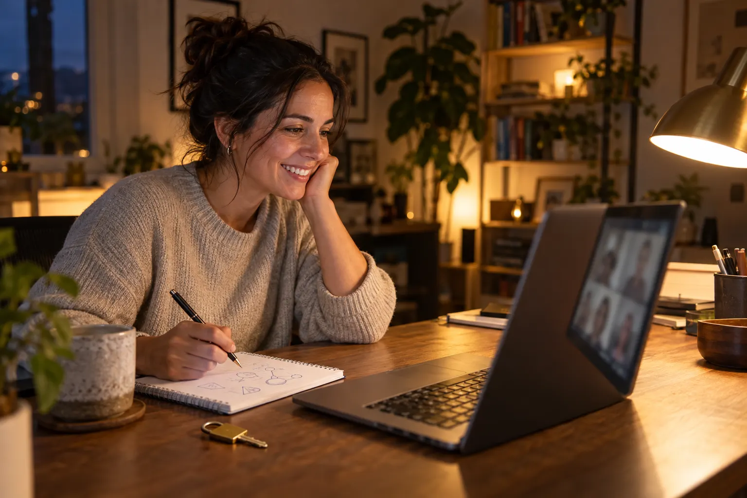 A woman at a home desk smiles at coworkers on a video call while sketching puzzle symbols in a notebook, a small padlock and key beside her