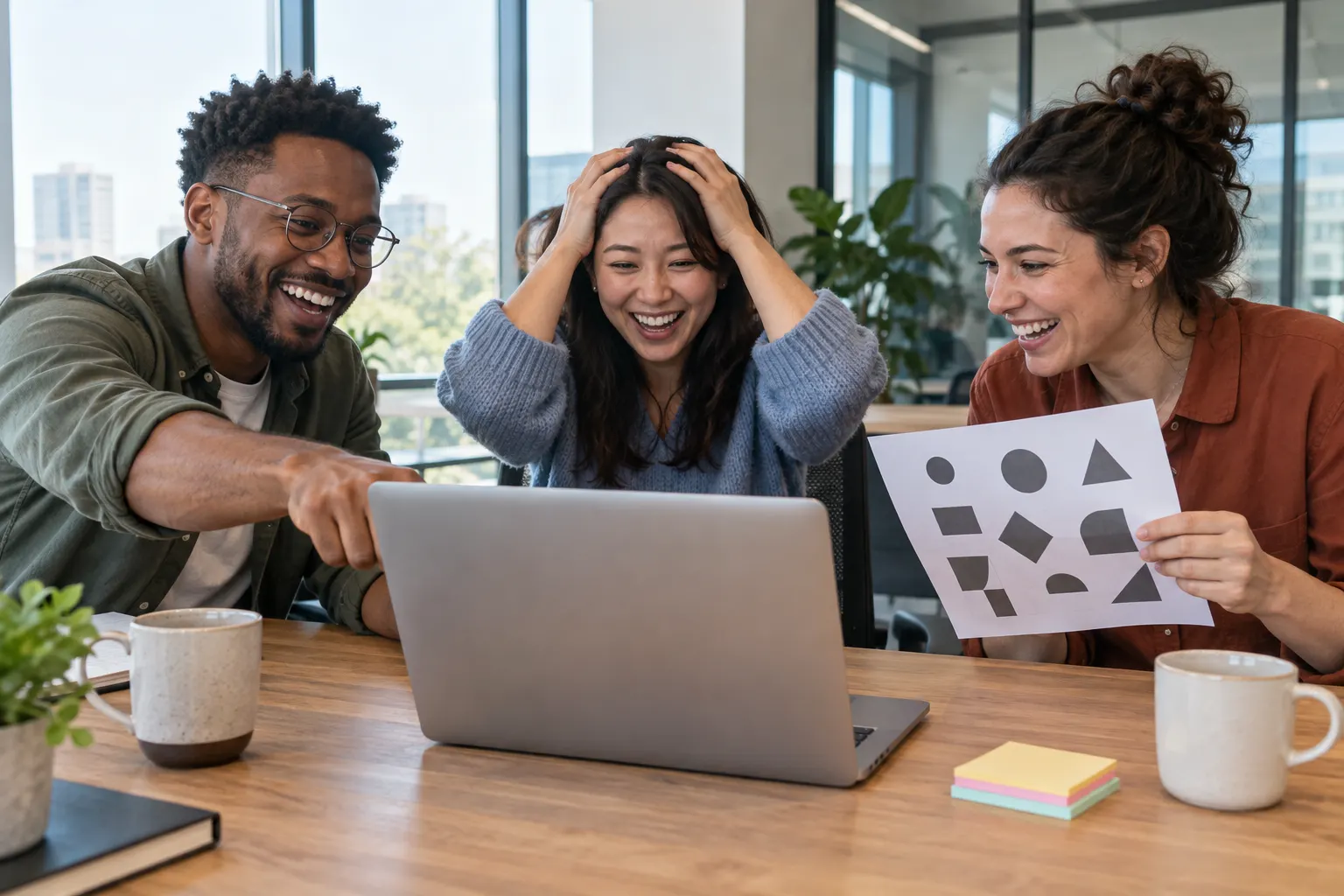 Three coworkers at an office table laugh around a laptop, one pointing at the screen and one holding a sheet of shape puzzles