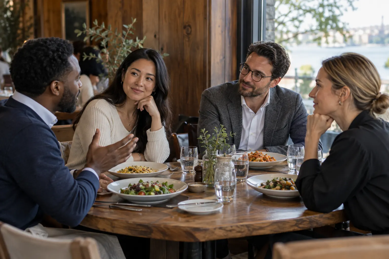 Four business people talk over lunch at a wooden restaurant table by a window, with no phones on the table