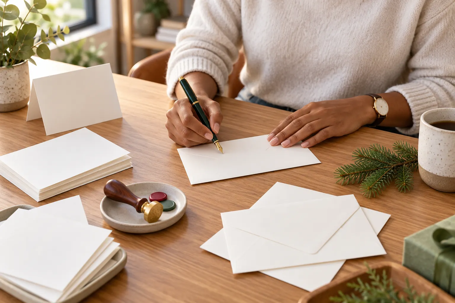 A person writes on an envelope at a desk with blank greeting cards, a wax seal and evergreen.