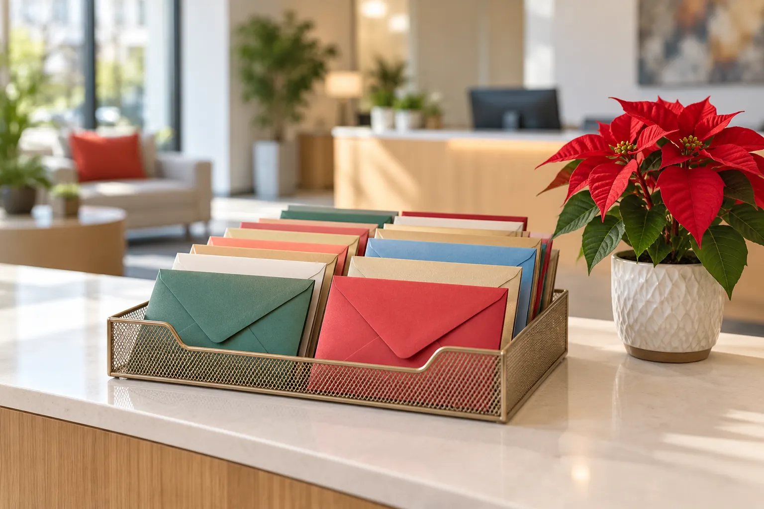 An office mail tray full of colorful sealed holiday envelopes beside a small poinsettia on a reception desk.