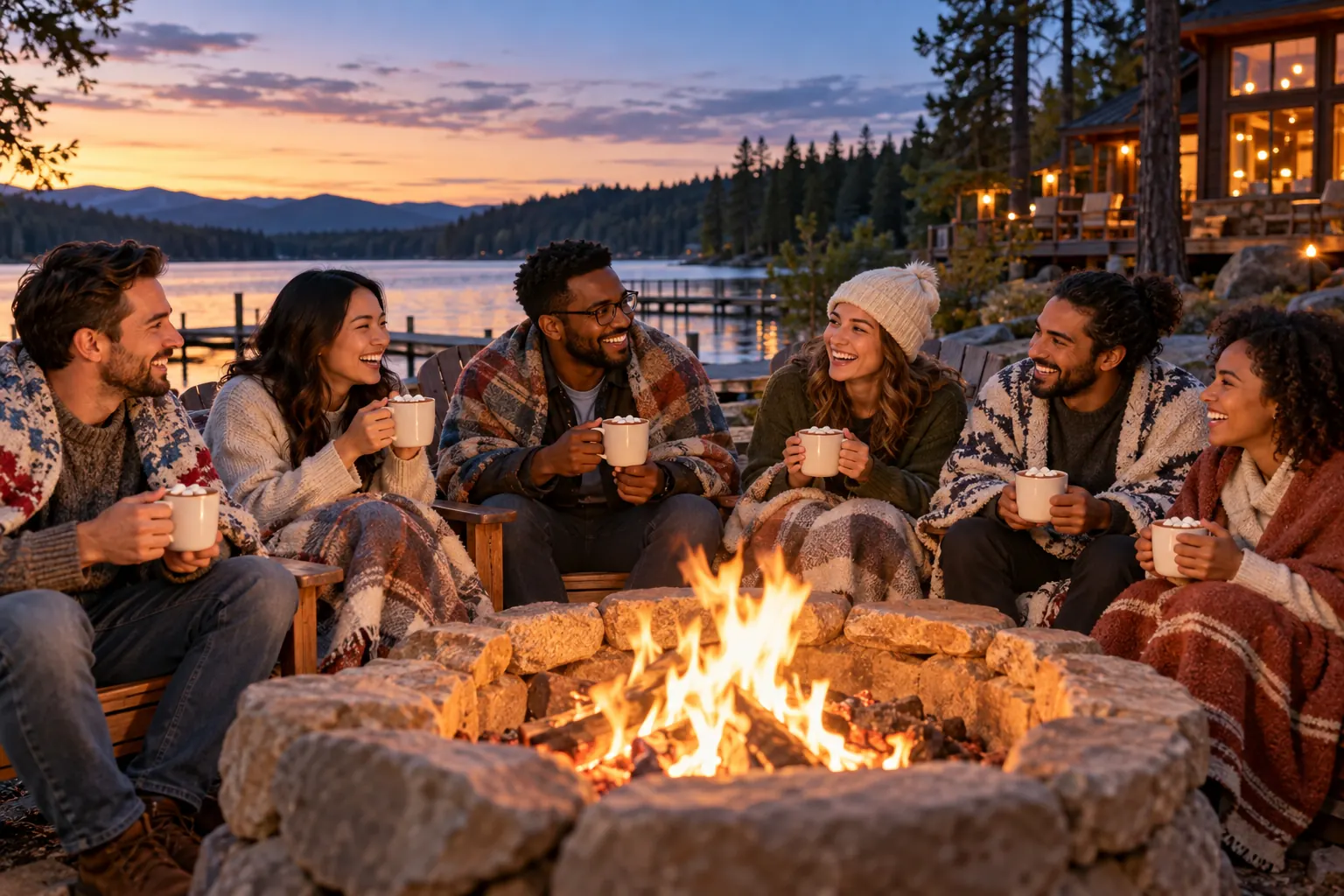 Coworkers wrapped in blankets laugh around a campfire at dusk beside a lake, holding mugs of cocoa.