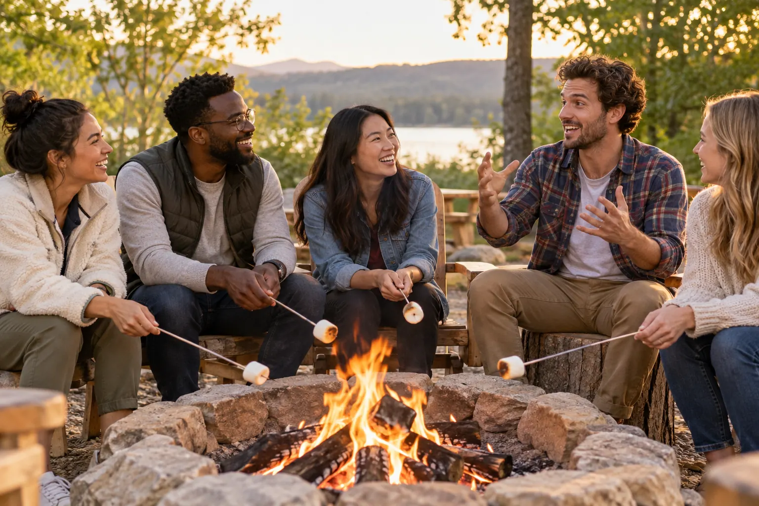 Coworkers roast marshmallows over a campfire while one of them tells a story with animated hands.