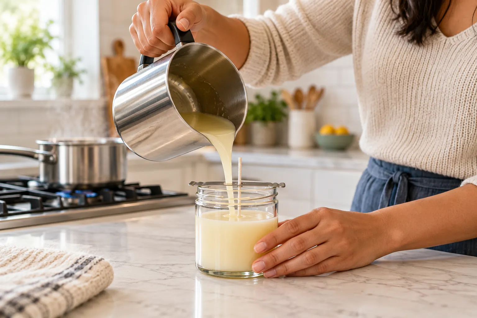 Hands pour melted wax from a metal pitcher into a glass jar with a clipped wick, a pot simmering behind.