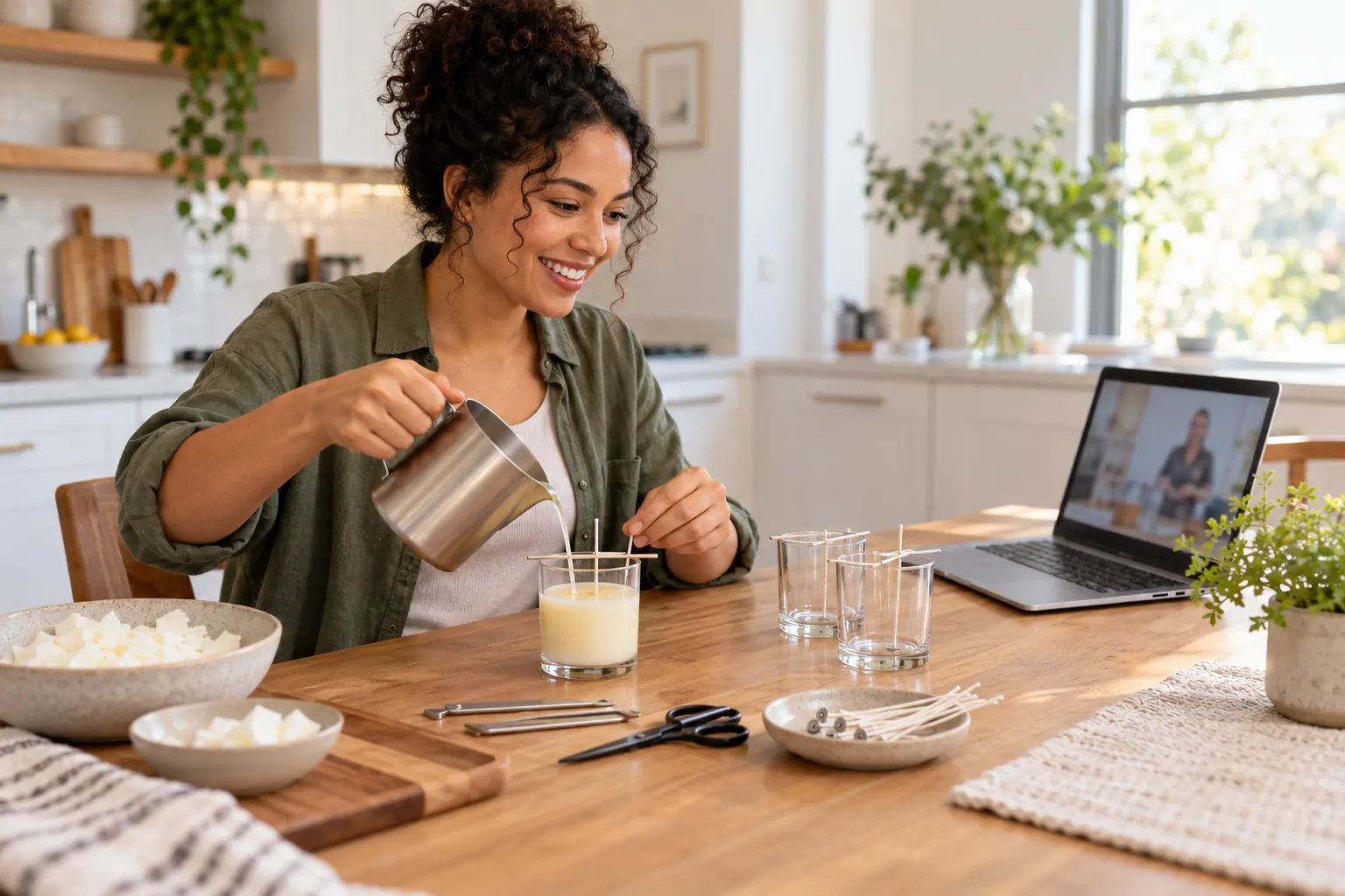 A smiling person at a kitchen table with a small candle making kit, following a class on a laptop.
