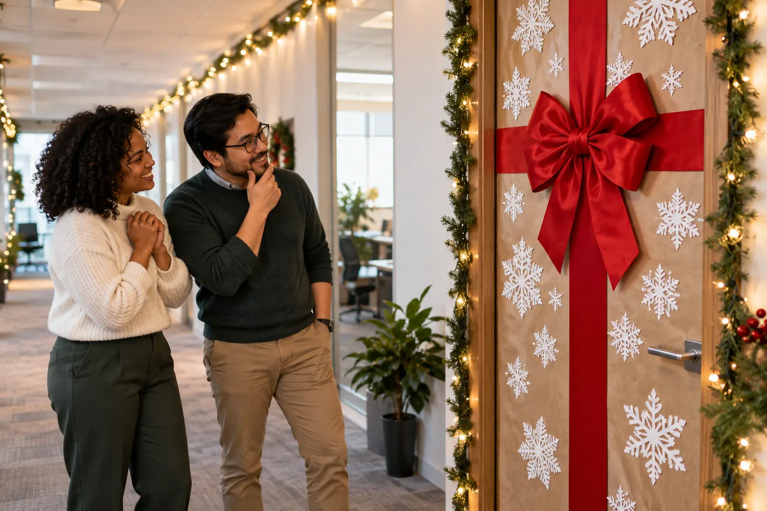 Two coworkers admiring an office door wrapped like a gift with a red bow and paper snowflakes.