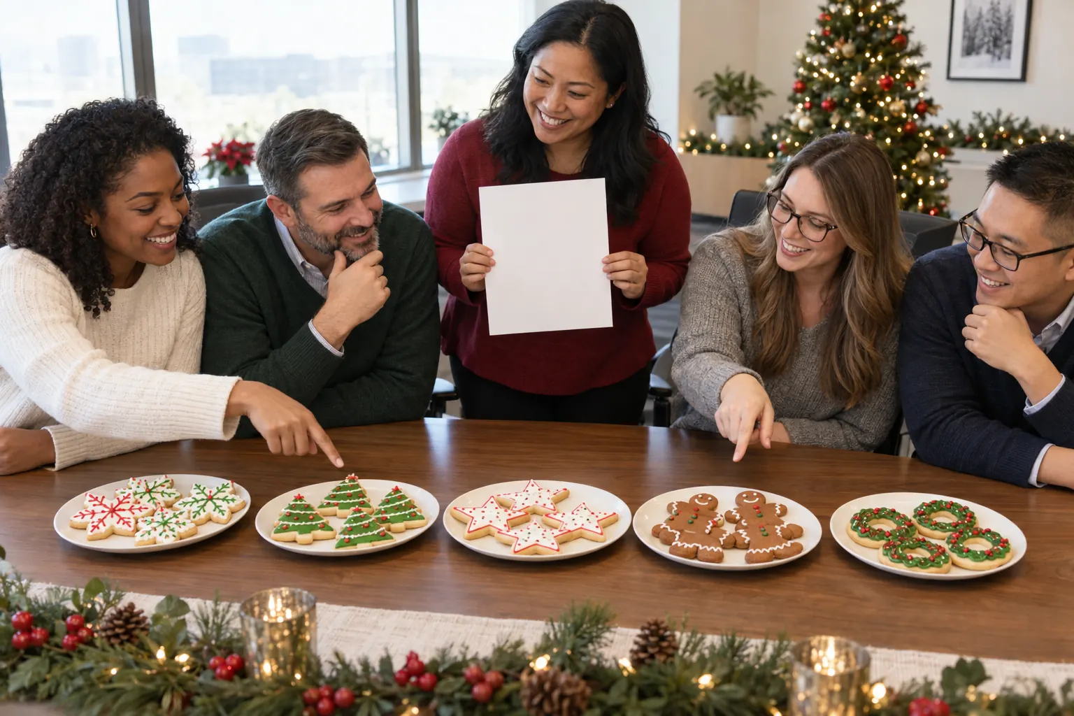 Five coworkers judging plates of iced Christmas cookies shaped like trees, stars, snowflakes and gingerbread people.