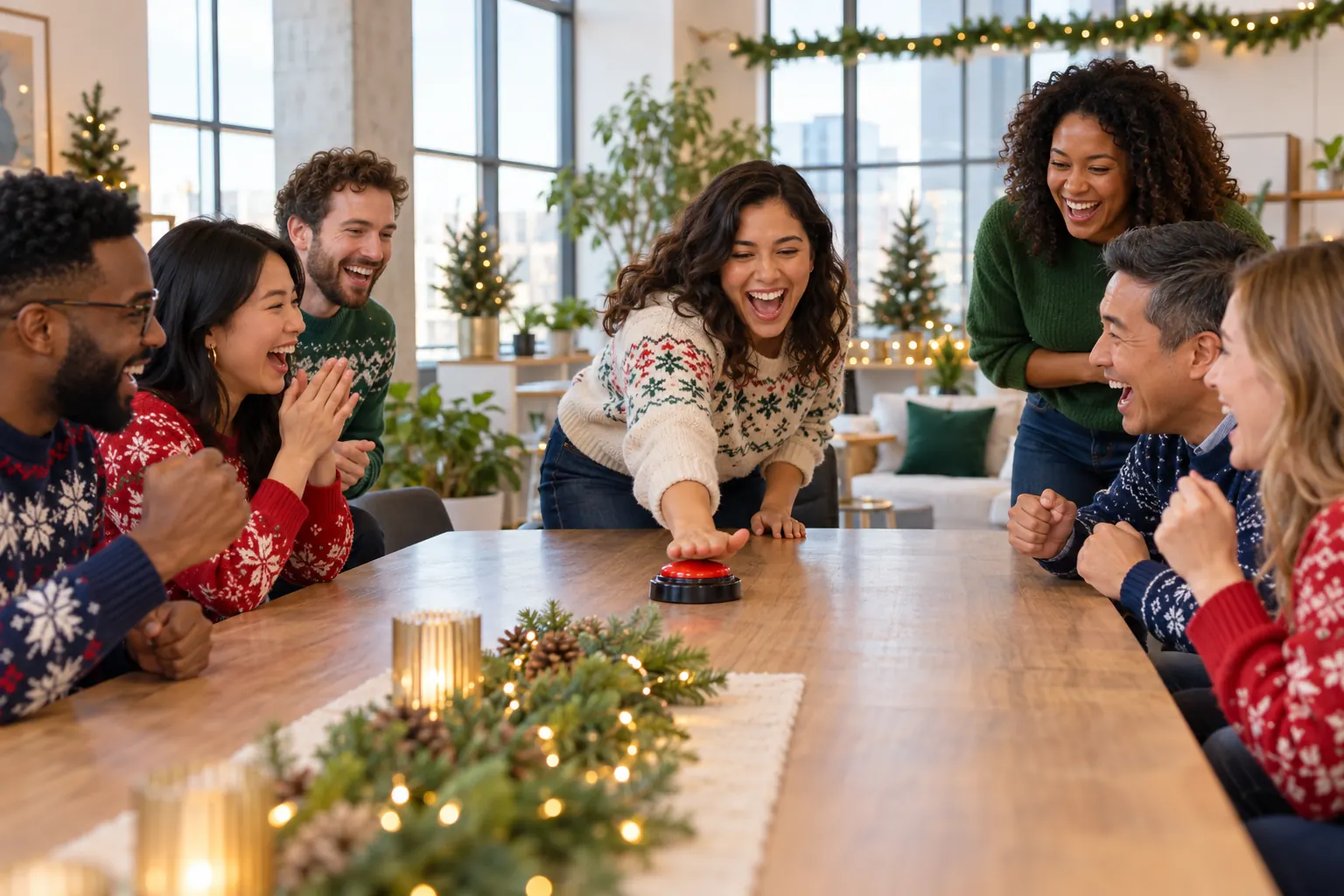 Coworkers in holiday sweaters cheer as a teammate slaps a red buzzer on a long office table.