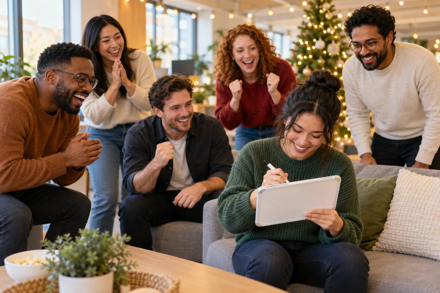 Coworkers cheer a teammate writing a guess on a small whiteboard, with a lit tree behind them.