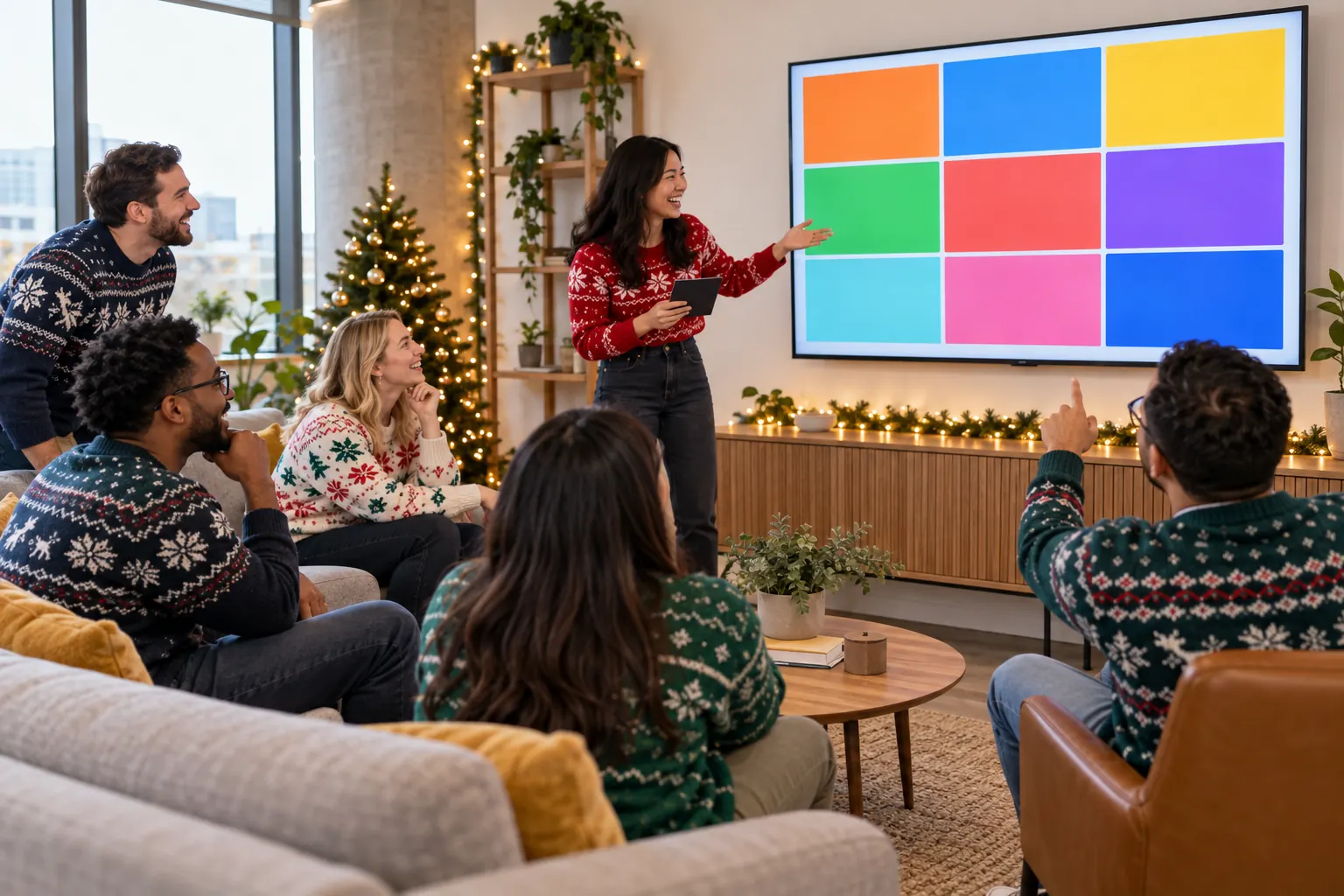 Coworkers in holiday sweaters laugh on sofas as a colleague points to a grid of colored tiles on a wall screen.