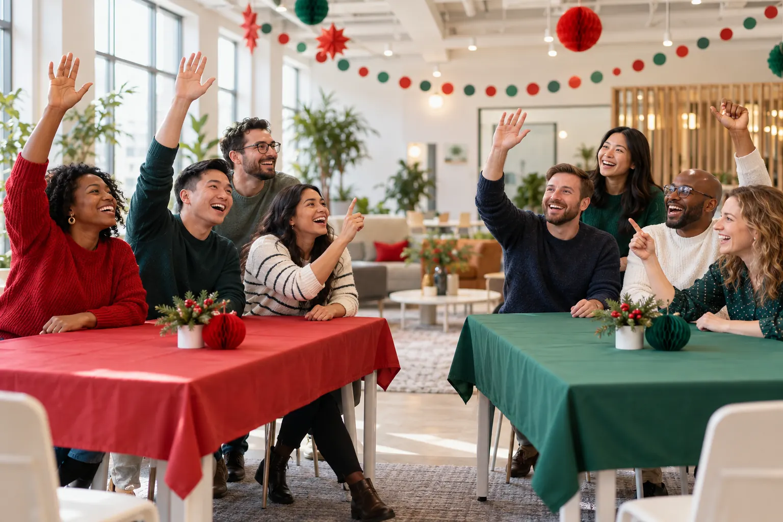 Two teams of coworkers at red and green tables raise their hands to answer first under paper decorations.