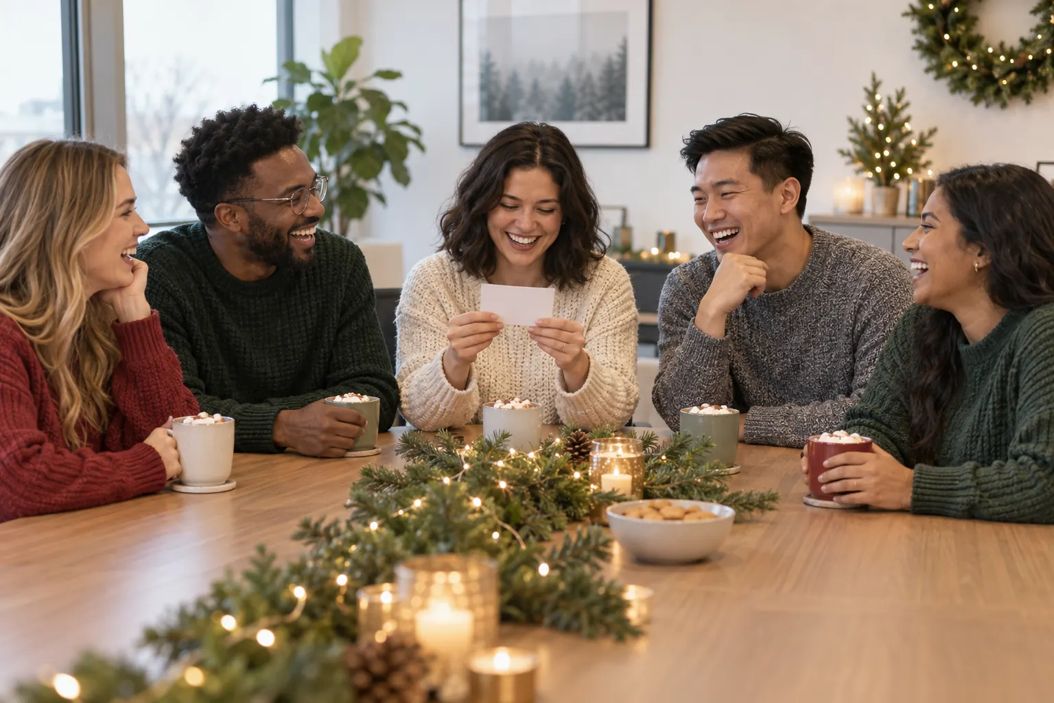 Five coworkers in sweaters laugh around a decorated table while one reads a question from a card.