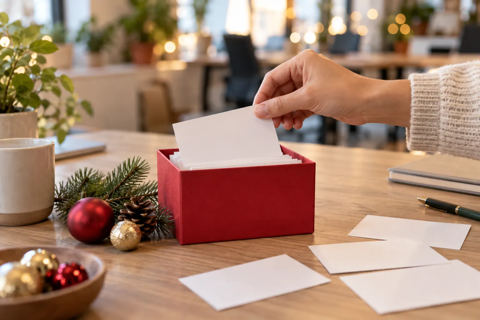 A hand draws a blank card from a red box on an office table with pine and ornaments.