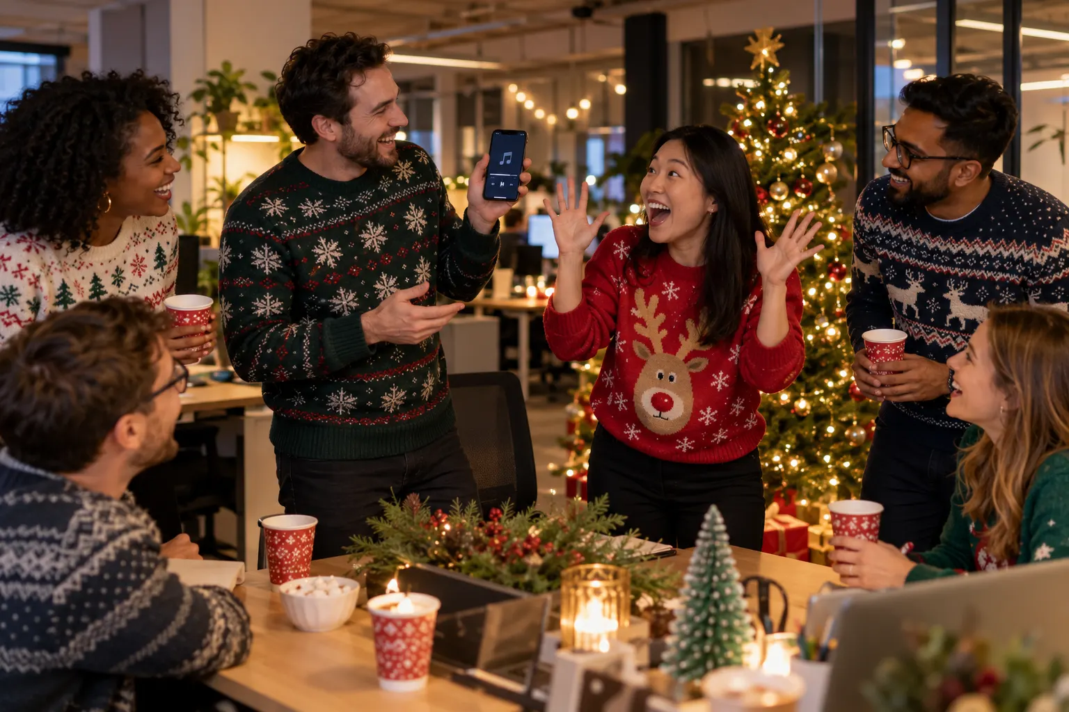 Coworkers in holiday sweaters laugh as one plays a song on his phone and another throws up her hands.