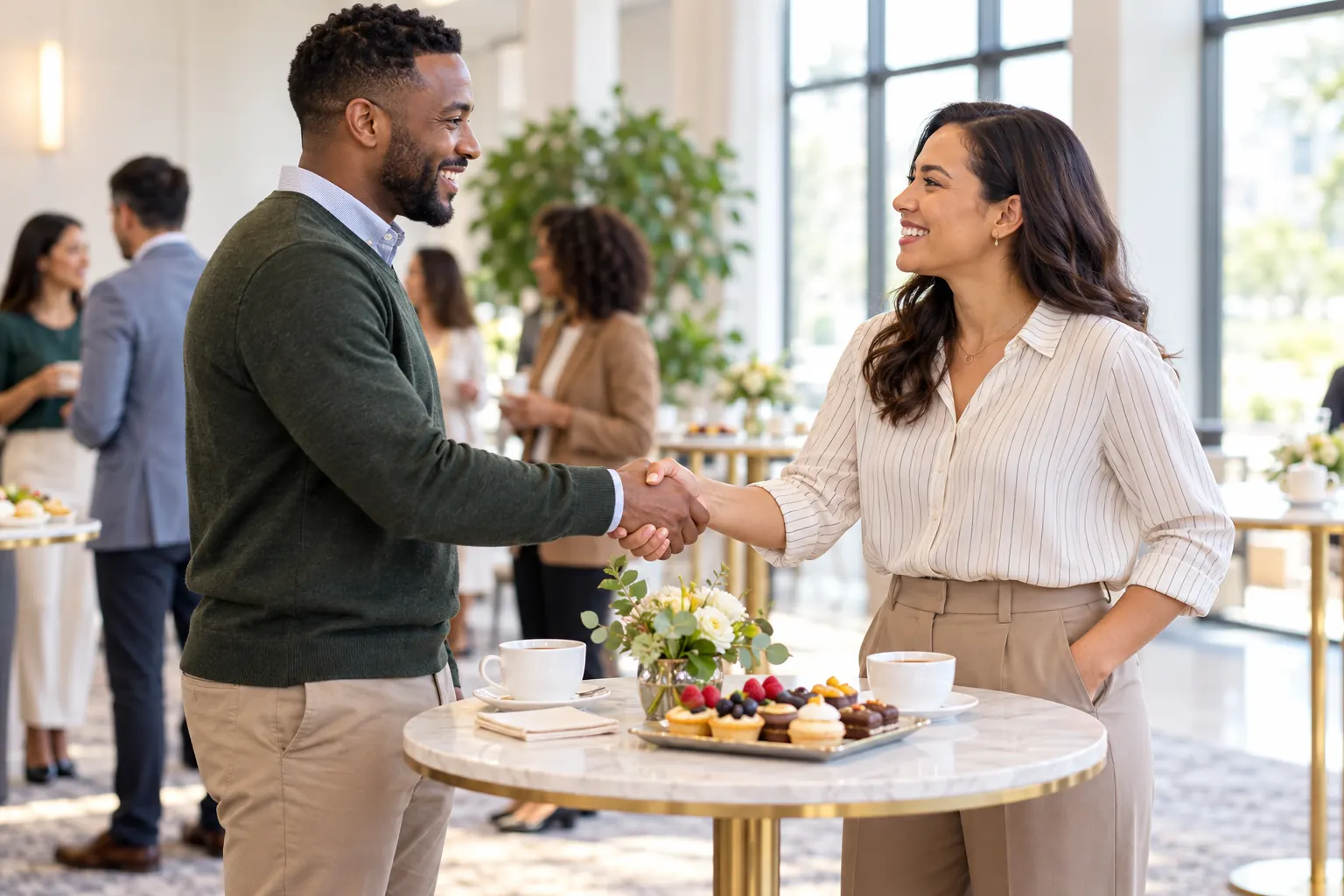 Two professionals shake hands and smile beside a marble table with coffee cups, flowers and small desserts.