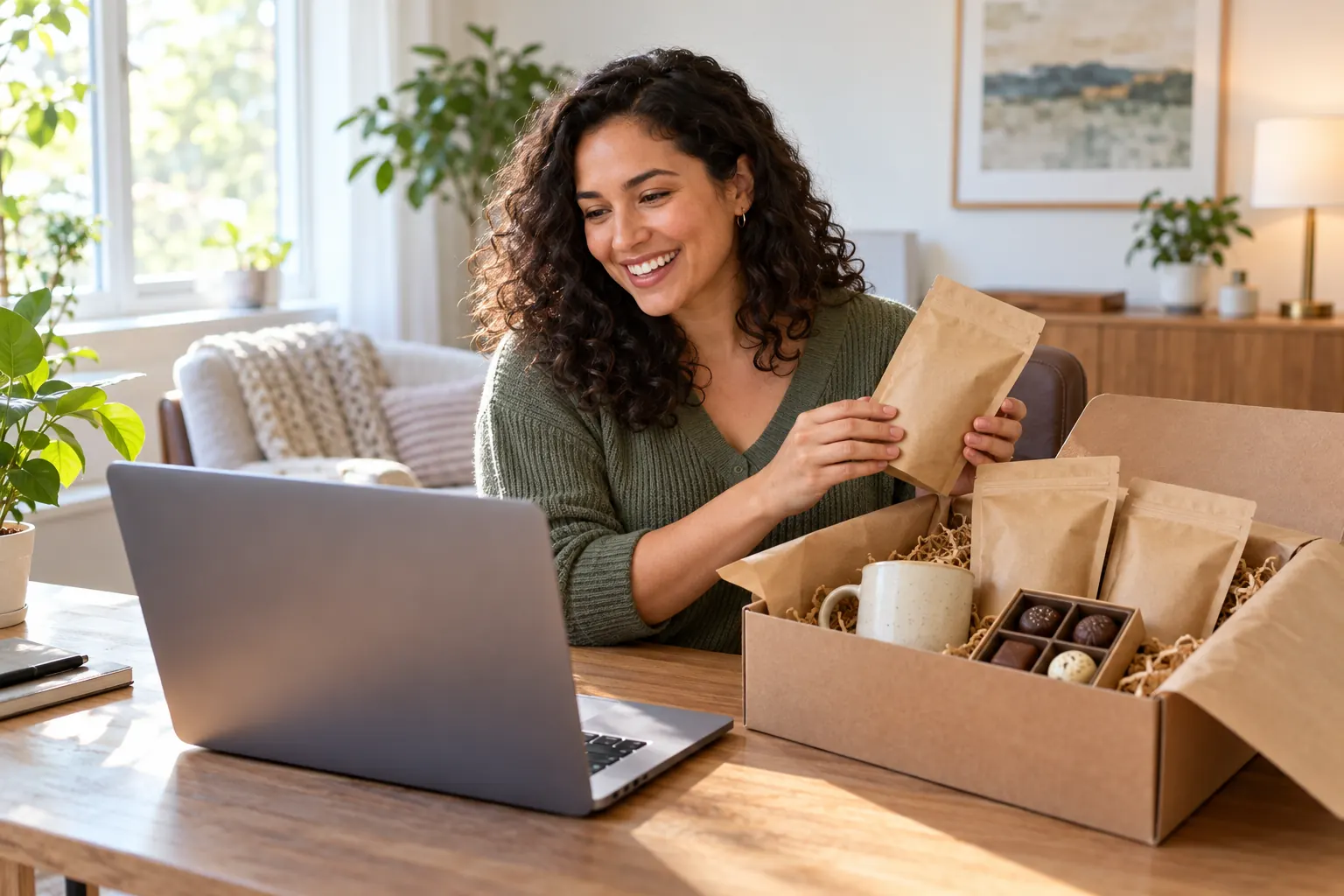 A woman at her home desk smiles at a laptop while unpacking coffee bags, chocolates and a mug.
