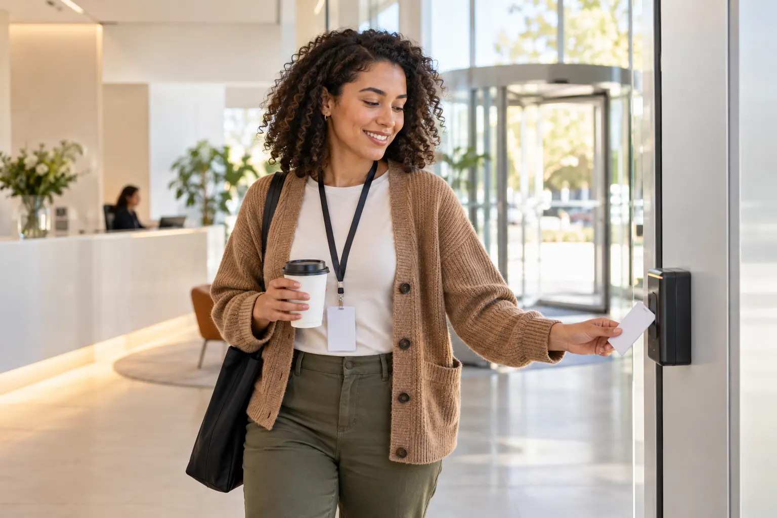 A smiling woman holding a takeaway coffee taps her ID card on a reader in an office lobby.