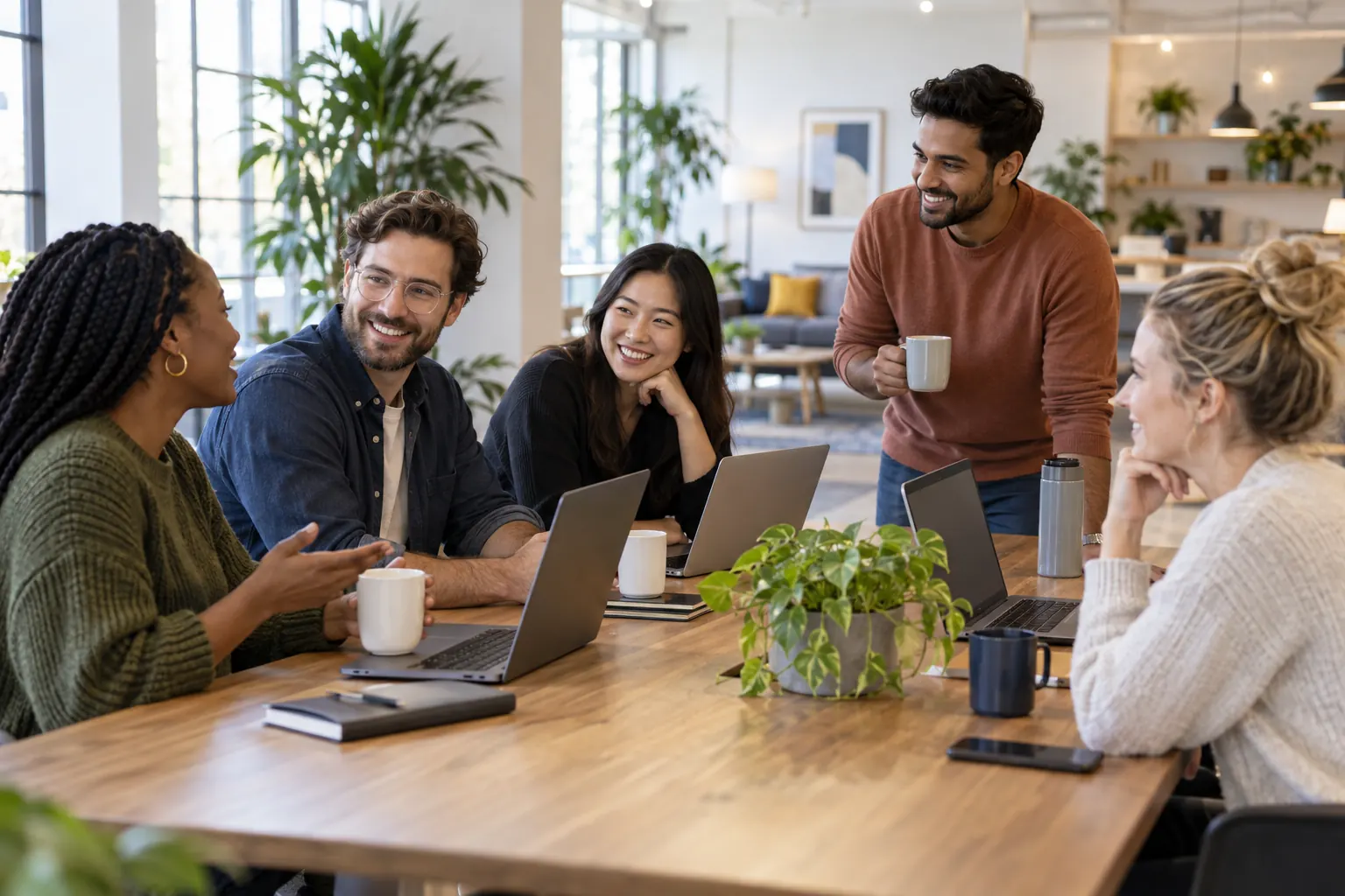Five coworkers with laptops and mugs talk and laugh around a long wooden table in a bright office.